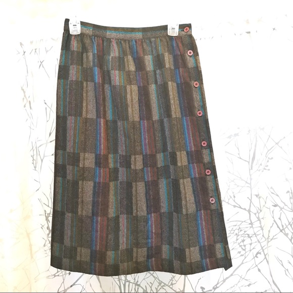 Vintage Oscar de la Renta black grey blue plaid wool button down midi skirt - Picture 8 of 8